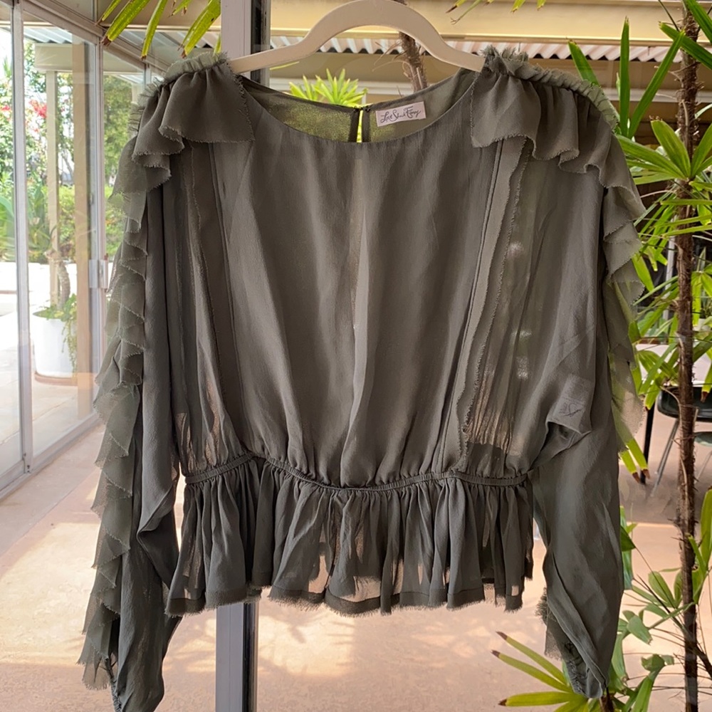 LoveShackFancy green top with ruffles